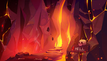 Road To Hell, Infernal Hot Cave With Lava And Burning Fire, Path Paved With Rocks And Randomly Lying Bones Going To Blazing Entrance In Wall And Scull With Signboard. Cartoon Vector Illustration