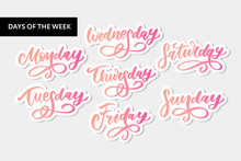 Vector Handwritten Week Days And Symbols Set. Ink Font. Stickers For Planner And Other. Clipart. Isolated.