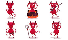 Set Of Red Bearded Devils. Vector Illustration.