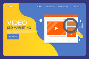 Video marketing, social media video campaign, seo optimization for website video concept. Flat design landing page template.