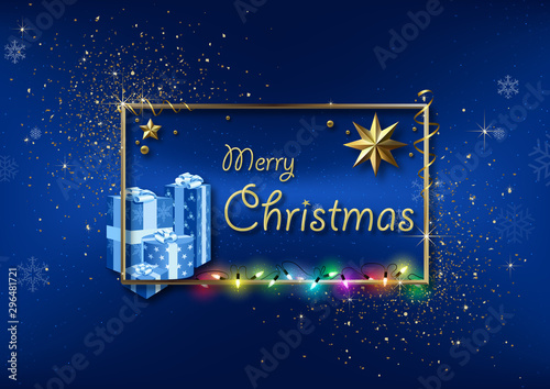 Blue Christmas Greeting with Gold Frame and Glitters and Colorful Christmas L...