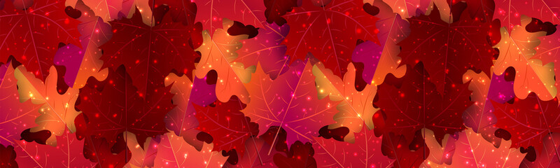 Wall Mural - Autumn banner. Horizontal header with red and orange maple leaves and glowing sparkles. Vector illustration.