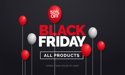 Black friday sale 50% off poster background social media promotion web banner template design with red balloon ornament on dark black backdrop wall vector illustration