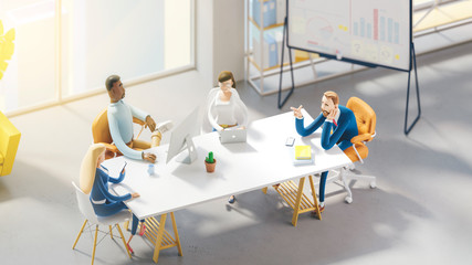 Wall Mural - Seminar business conference with workers in office, planning new strategy. 3d illustration.  Cartoon characters. Business teamwork concept. 