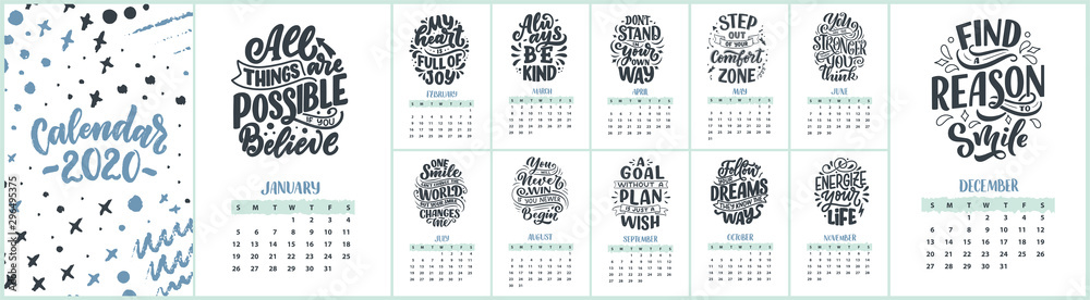 Modern typography lettering compositions. 2020 calendar with funny motivation quotes. Hand drawn illustrations. Trendy slogan, vector graphic - obrazy, fototapety, plakaty 