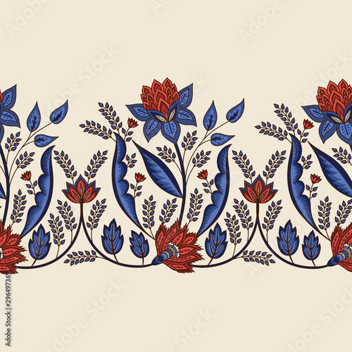 Cotton fabric Indian floral paisley pattern vector seamless border. Persian ethnic medallion motif. Vintage tropical flowers ornament print. Damask arabesque design decoration.