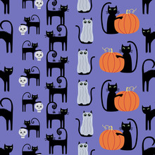 Halloween Cat Skull And Pumpkin Seamless Repeat Pattern