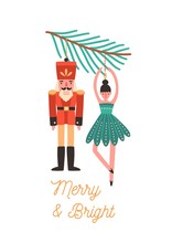 Christmas Tree Decorations Flat Vector Illustration. Xmas Greeting Card Design Element. Holiday Postcard Concept With Calligraphy. Nutcracker And Ballerina Toys Hanging On Fir Tree Branch.