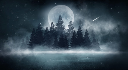 Wall Mural - dark forest. gloomy dark scene with trees, big moon, moonlight. smoke, shadow. abstract dark, cold s