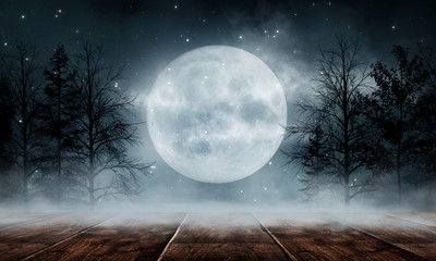 Wall Mural - Dark forest. Gloomy dark scene with trees, big moon, moonlight. Smoke, shadow. Abstract dark, cold street background. Night view.