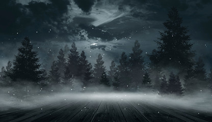 Dark forest. Gloomy dark scene with trees, big moon, moonlight. Smoke, shadow. Abstract dark, cold street background. Night view.