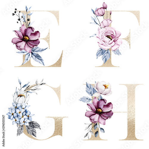 Download Floral Alphabet Gold Letters With Watercolor Pink And Blue Flowers And Leaf Botanical Monogram Initials Perfectly For Wedding Invitations Greeting Card And Other Holiday Design Hand Painting Stock Illustration Adobe Stock