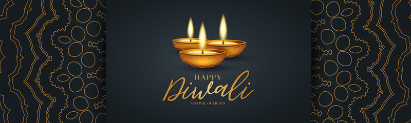 Happy Diwali - festival of lights banner or website header design. Indian traditional holiday background with Diya oil lamp and text typography on a black backdrop with golden hindu ornament.