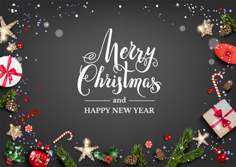 Wall Mural - festive black board with christmas decorations