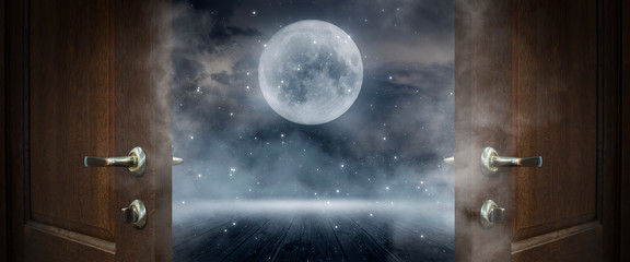 open wooden doors. in the background the night landscape of the winter forest, the moon, light. cold