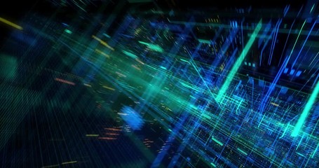 Poster - Connecting people on the internet, Growing global network, Social network and data connections. Flying through technological abstract matrix hologram digital data. Seamless loop 3D render