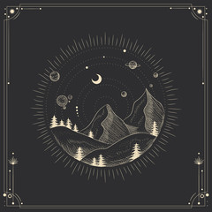 Vector illustration set of moon phases. Different stages of moonlight activity in vintage engraving style. Zodiac Signs