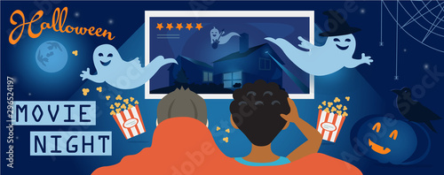 Halloween Movie Night Illustration For Facebook Cover Or Web Site Children Watch Scary Video On Tv Ghosts Pumpkin Raven Haunted House And Full Moon Flyer Invitation Template For Party Buy This