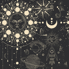 vector illustration set of moon phases. different stages of moonlight activity in vintage engraving 
