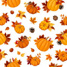 Vector Seamless Pattern With Orange Pumpkins, Autumn Leaves, Pinecones And Chesntuns On A White Background.