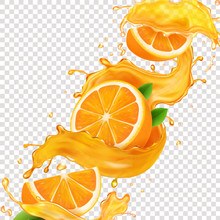 Transparent Splash Sliced Orange Juice 3d Realistic Vector. Citrus Fruit Liquid Symbol, Tropical Summer Drink In A Spiral