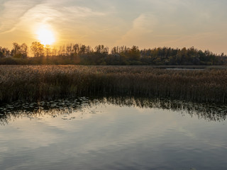 Wall Mural - beautiful sunset by the lake, foggy sky, autumn evening