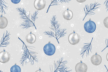Seamless Pattern With Christmas Tree Branches, Snowflakes And Silver Blue Balls On Gray Background. For Festive Season Design, Textile, Print, Wallpapers, Greeting Cards, Invitation, Posters. Vector.