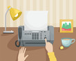 Workplace with a Fax and a girl pressing a button. Paperwork, Secretary. Vector illustration.