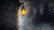Dark Street, A Lantern On An Old Brick Wall, A Large Moon, Smoke, Smog. Night Scene Of The Old City, Dark Forest.