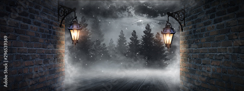 Fotomural Dark street, a lantern on an old brick wall, a large moon, smoke, smog