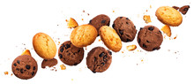 Falling Broken Chip Cookies Isolated On White Background With Clipping Path, Flying Biscuits