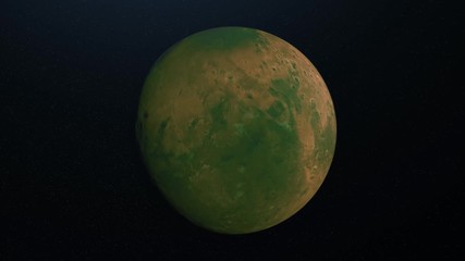 Poster - Abstract animation of surface of green planet. Animation. Green planet with crater surface and irregularities rotates on background of stellar space
