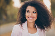 © deagreez - Closeup photo of amazing cute dark skin lady dreamy looking side spending weekend free time walking green park gold autumn weather season wearing jacket outdoors