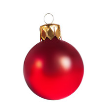 Red Christmas Ball Isolated On White Background. Close Up. Traditional Christmas Symbol.