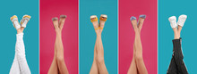 Collage Of Women Wearing Different Stylish Shoes On Color Backgrounds, Closeup