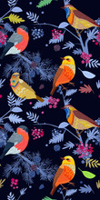 Night Fabulous Seamless Banner With Cute Birds On Branches Of Tr