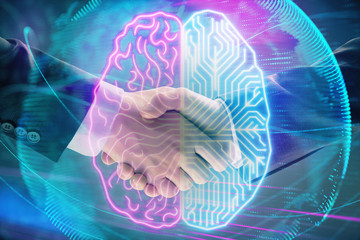 Multi exposure of human brain drawing on abstract background with two men handshake. Concept of data technology in business