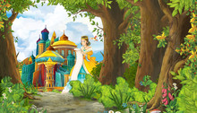 Cartoon Nature Scene With Beautiful Girl Princess And Castle - Illustration For The Children
