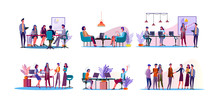 Corporate Discussion Illustration Set. Colleagues Meeting At Table, Discussing Project At Workplaces. Communication Concept. Vector Illustration For Topics Like Business, Partnership, Teamwork