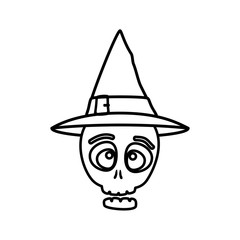 Sticker - skull halloween with hat witch isolated icon vector illustration design