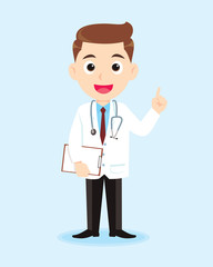 Cartoon doctor. Medical doctor in white coat showing greeting gesture. vector illustration isolated cartoon background