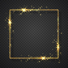 Gold shiny glitter glowing vintage frame with shadows isolated on transparent background. Golden luxury realistic rectangle border. Vector illustration