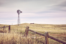 American Countryside With An Old Windmill Tower, Color Toning Applied, USA.