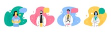 Hospital Medical Staff With Speech Bubbles. Male, Female Medicine Workers. Doctor, Surgeon, Physician, Paramedic, Nurse. Hand Drawn Colored Vector Illustration. Cartoon Style Characters. Flat Design 