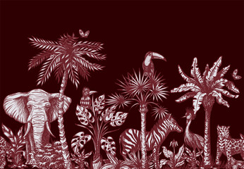 Wall Mural - Seamless border with graphical tropical tree such as palm, banana and jungle animals. Vector.