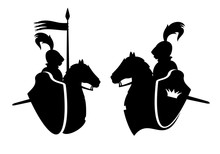 Medieval Armored Knight Riding Horse With Royal Shield - Black And White Vector Silhouette Design Set