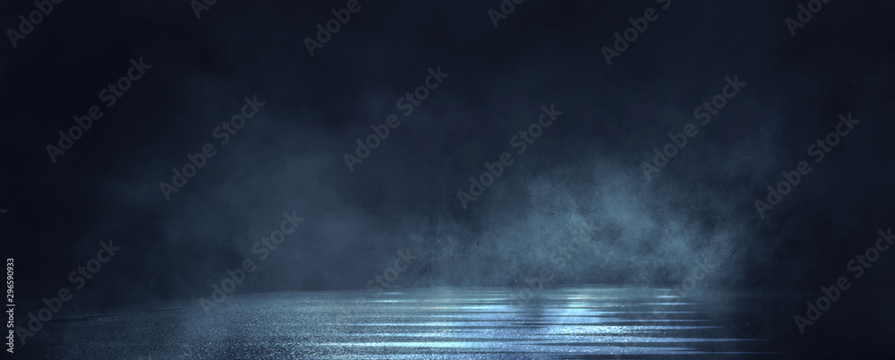 Empty background scene. Dark street reflection on the wet pavement. Rays of blue neon light in the dark, neon figures, smoke. Night view of the street, the city. Abstract dark background. - obrazy, fototapety, plakaty 