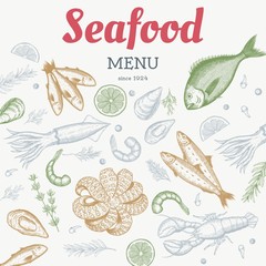 Wall Mural - Vector vintage seafood restaurant flyer. Hand drawn banner. Great for menu, banner, flyer, card, seafood business promote.