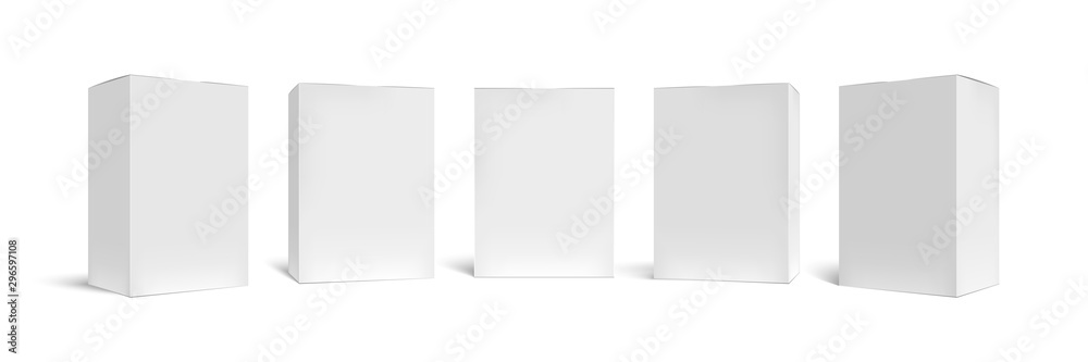 Realistic box mock up. Rectangular packaging boxes, white cardboard and blank vertical pack 3D vector template set. Closed square packing, paper containers, shipping cases cliparts collection - obrazy, fototapety, plakaty 