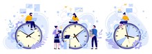Efficiency Work Time. Man, Woman And Workers Teamwork Hours. Freelance Workers, Productivity Clocks And People Working On Laptop Vector Illustrations Set. Workflow Scheduling, Time Management